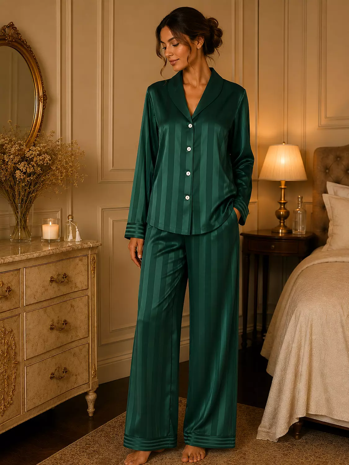 Emerald striped jacquard pjs image