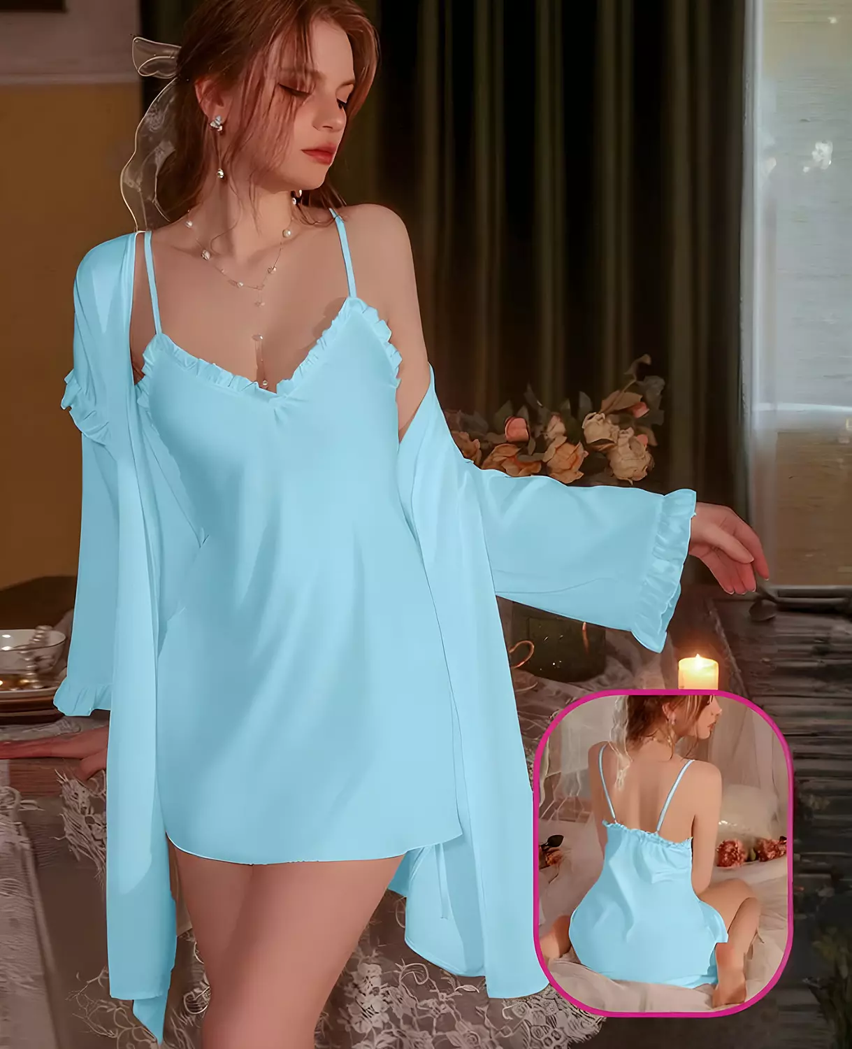  2-Piece Ruffled Satin Chemise & Robe hover image