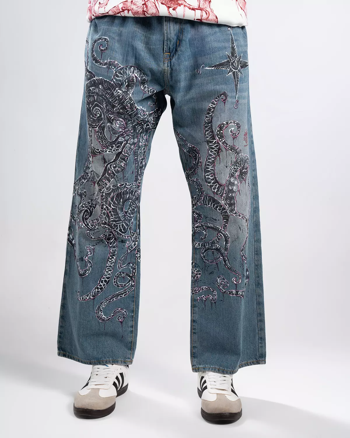 “Giant octopus “ 1of1 hand-printed &painted denim pants image