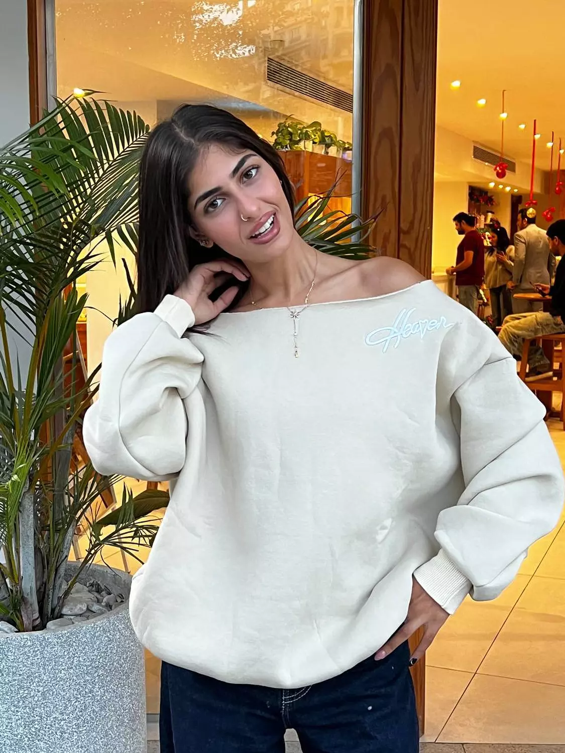 hoodie off shoulder embroidery  6