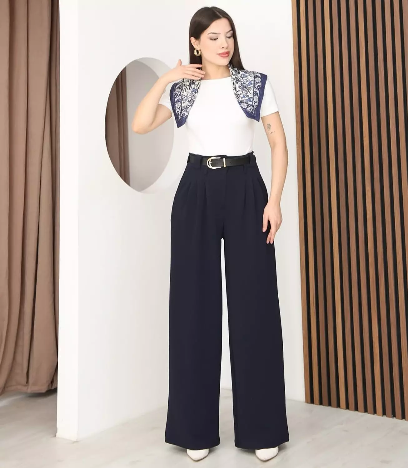 Black formal pants with gold buckle belt hover image