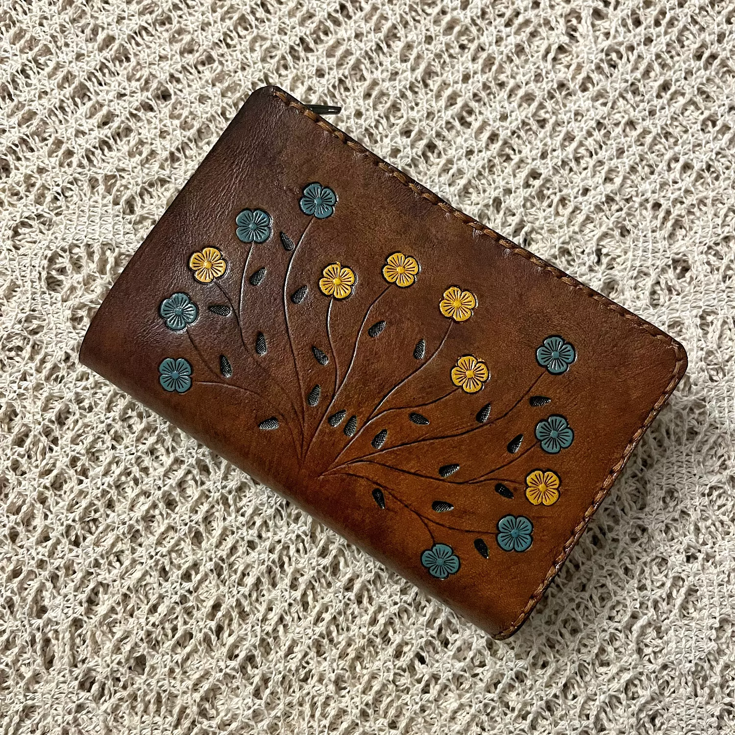 Hand painted yellow-blue flowers medium leather wallet image