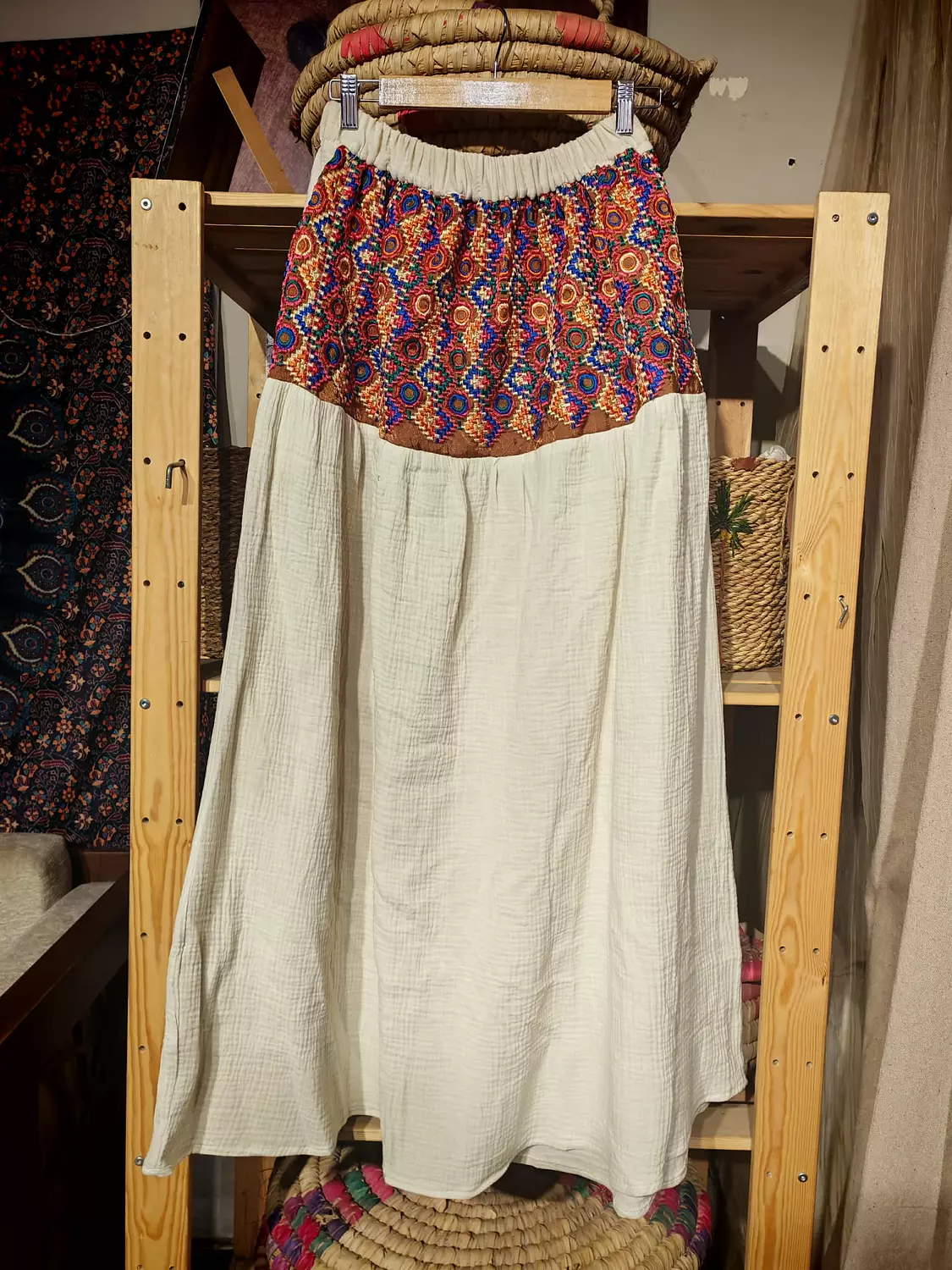 Maxi off white cotton skirt with sirma embroidered Upper part 3