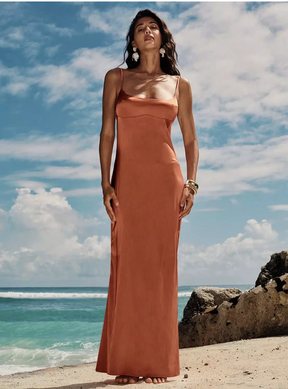 1pc Women's Solid Color Woven Fitted Maxi Slip Dress,Bohemian Clothes hover image